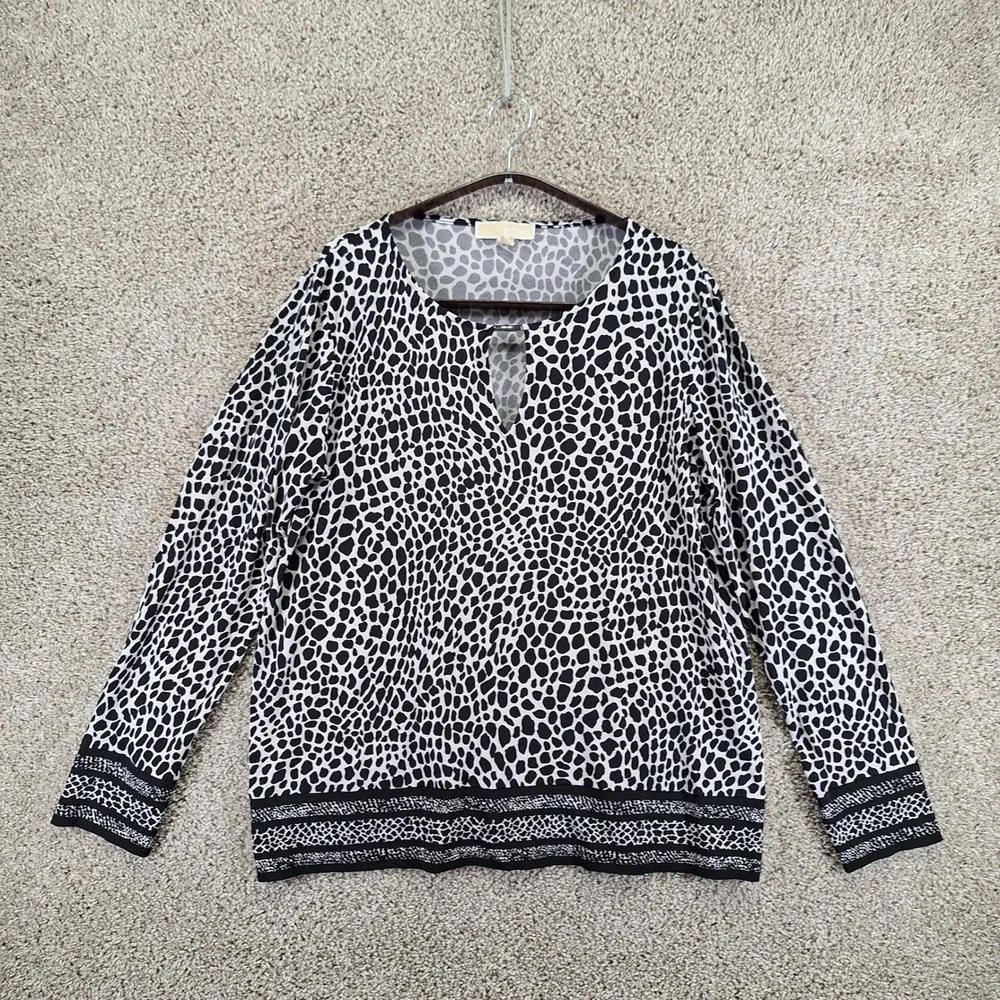 Michael Kors Top Women XL Black Animal Print Keyhole Neck Long Sleeve Boho
